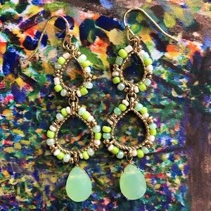 Anthropologie Gold Green/Jade/White Dangle Earrings